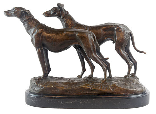 Pair Of Bronze Dogs On Marble Base